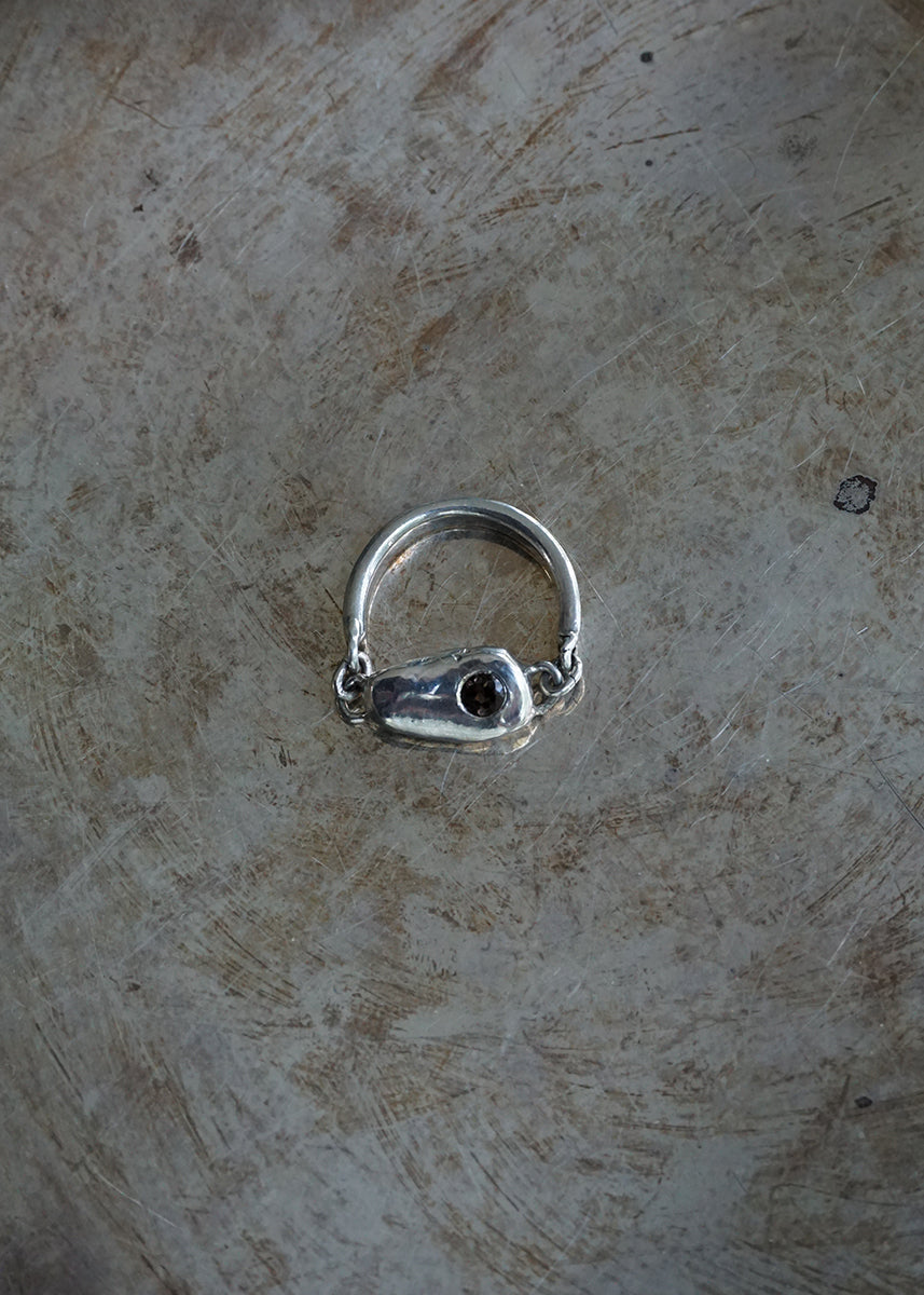 Silver Bean Swivel Ring with Smoky Quartz (size 7)